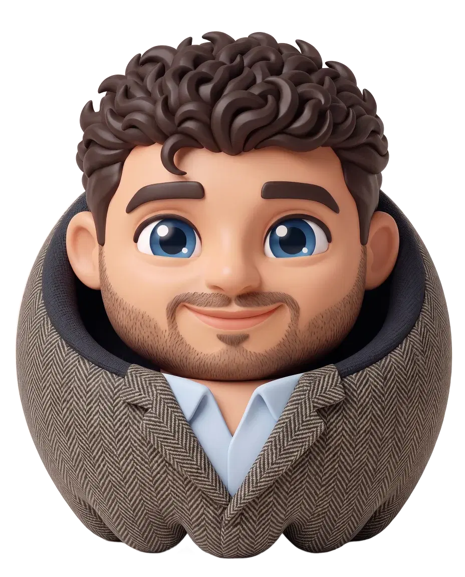 Javier Álvarez's Shokuin Daruma: the staff Daruma in a herringbone banker's coat, with his curly hair.